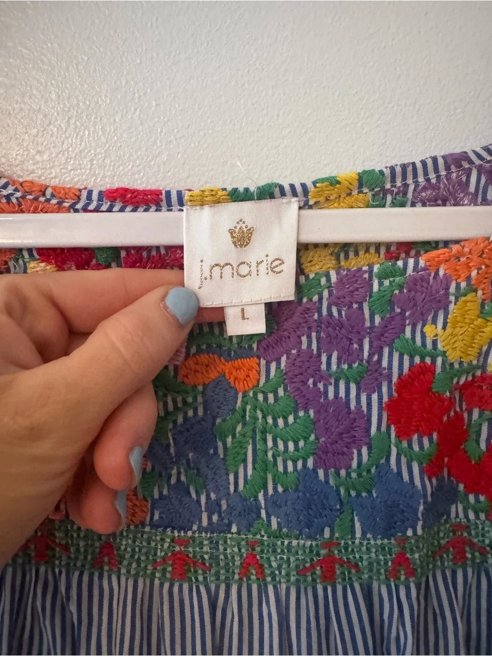 J.Marie Blue Striped Floral Mexican Embroidered Sleeveless Top - Picture 7 of 10